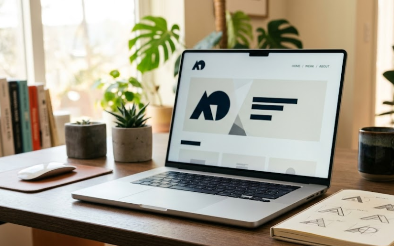 Website homepage displaying a professional logo alongside logo design sketches