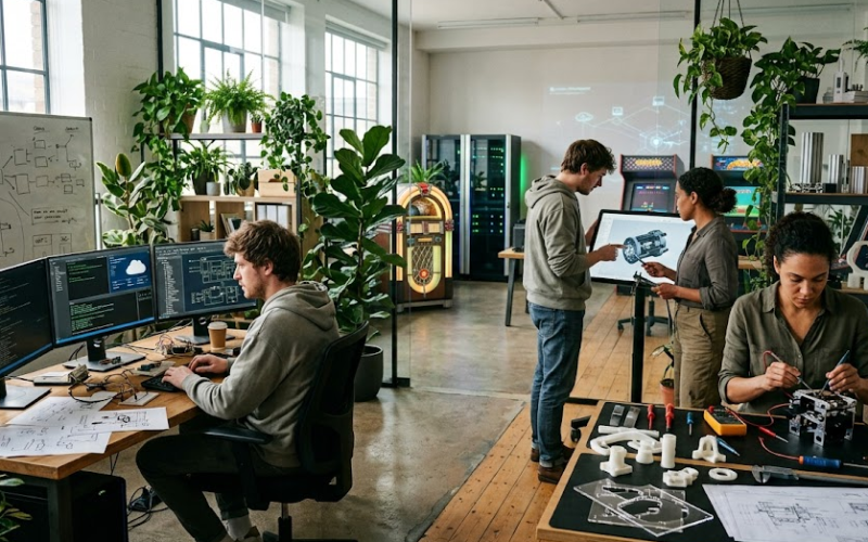 Software developer and physical product designer collaborating in a modern workshop surrounded by plants, representing PlantSense joining Play Kings.